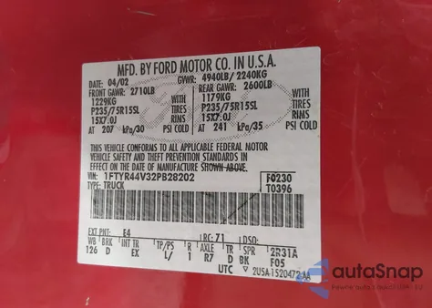 2002 Ford Ranger Edge/Tremor/Xlt из США, поврежденный, VIN 1FTYR44V32PB28202